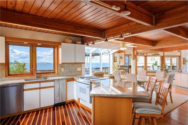 Dining room, Interior, Kitchen, Stainless Steel Appliances, Water, Wooden Beams, Wooden Ceilings, Wood Texture Flooring