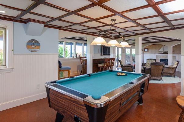 Billiard Table, Chandelier, Fireplace, Game Room, Interior, Recessed Lighting, Wooden Beams, Wood Texture Flooring
