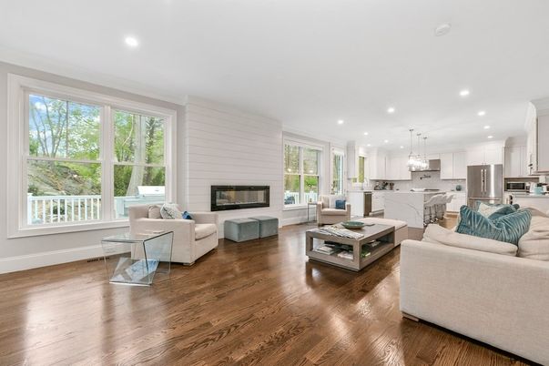 Fireplace, Interior, Kitchen, Living room, Pendant Lights, Recessed Lighting, Stainless Steel Appliances, Wood Texture Flooring