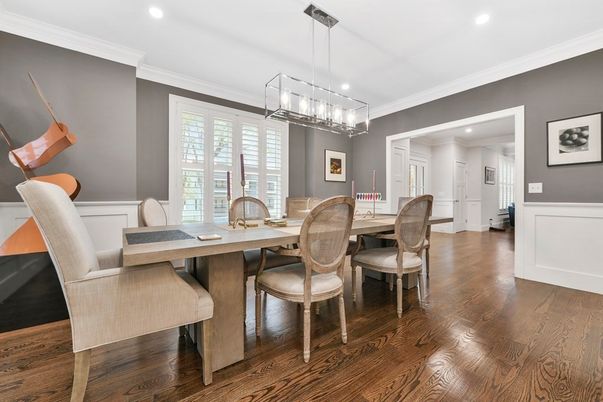 Dining room, Interior, Pendant Lights, Recessed Lighting, Wood Texture Flooring