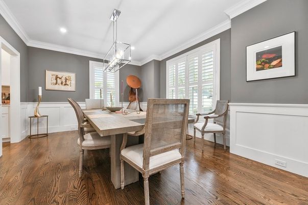 Dining room, Interior, Pendant Lights, Recessed Lighting, Wood Texture Flooring
