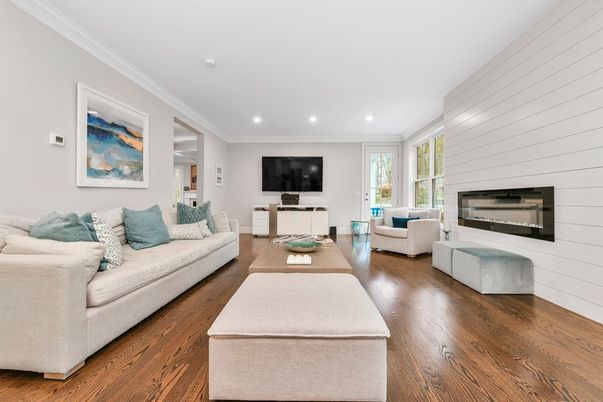 Fireplace, Interior, Living room, Recessed Lighting, Wood Texture Flooring