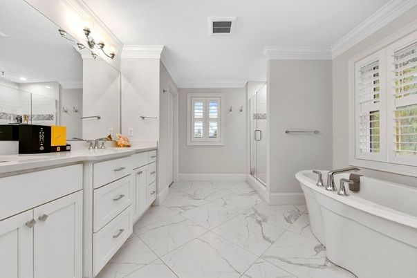 Bathroom, Dual Sink Vanities, Glass Shower, Interior, Marble, Recessed Lighting