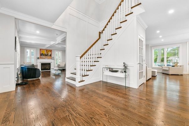 Fireplace, Interior, Living room, Recessed Lighting, Wood Texture Flooring