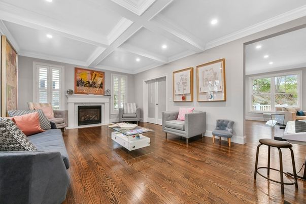 Fireplace, Interior, Living room, Recessed Lighting, Wood Texture Flooring