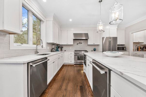 Interior, Kitchen, Pendant Lights, Recessed Lighting, Stainless Steel Appliances, Wood Texture Flooring
