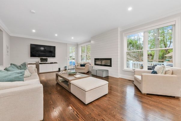 Fireplace, Interior, Living room, Recessed Lighting, Wood Texture Flooring