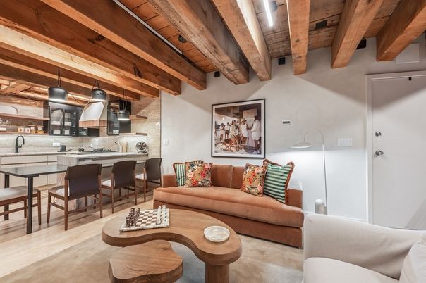 Dining room, Interior, Kitchen, Living room, Pendant Lights, Stainless Steel Appliances, Wooden Beams, Wooden Ceilings, Wood Texture Flooring