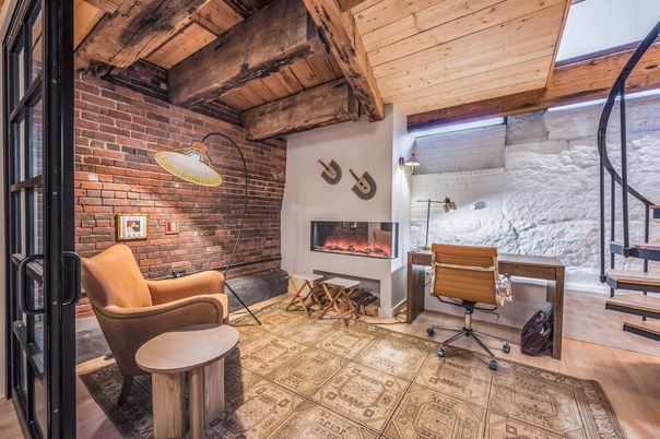 Fireplace, Home Office, Interior, Stone Walls, Wooden Beams, Wooden Ceilings, Wood Texture Flooring