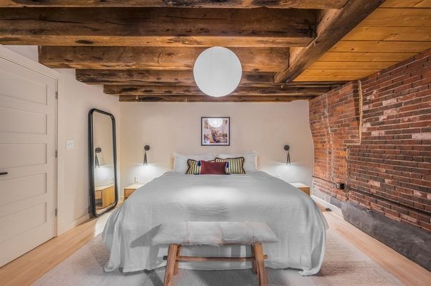 Bedroom, Fireplace, Interior, Stone Walls, Wooden Beams, Wooden Ceilings, Wood Texture Flooring