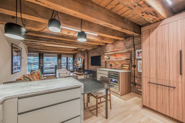 Interior, Kitchen, Living room, Pendant Lights, Stone Walls, Wooden Beams, Wooden Ceilings, Wood Texture Flooring
