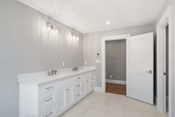 Bathroom, Dual Sink Vanities, Interior, Recessed Lighting, Wood Texture Flooring