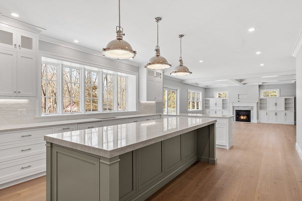Fireplace, Interior, Kitchen, Pendant Lights, Recessed Lighting, Wood Texture Flooring