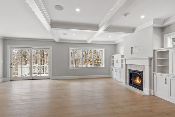 Empty room, Fireplace, Interior, Recessed Lighting, Wood Texture Flooring