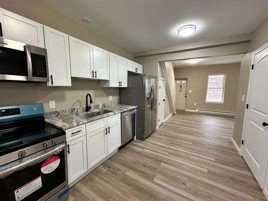 Interior, Kitchen, Stainless Steel Appliances, Wood Texture Flooring