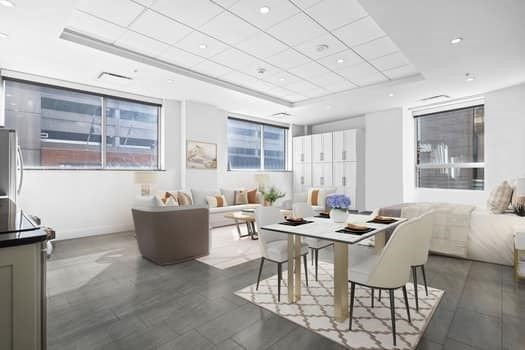 Dining room, Interior, Living room, Recessed Lighting, Wood Texture Flooring