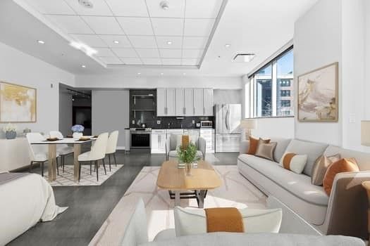 Dining room, Interior, Kitchen, Living room, Recessed Lighting, Stainless Steel Appliances, Wood Texture Flooring