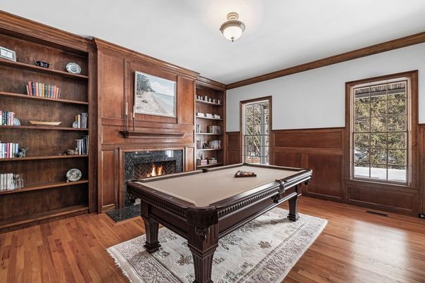 Billiard Table, Fireplace, Game Room, Interior, Wood Texture Flooring