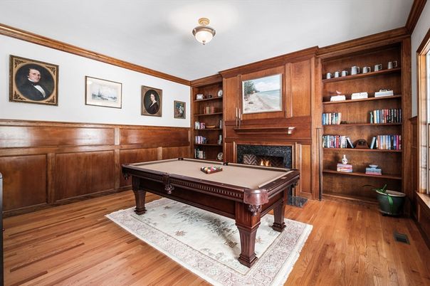 Billiard Table, Fireplace, Game Room, Interior, Wood Texture Flooring, Wooden Walls
