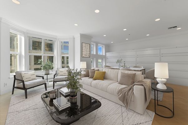 Dining room, Interior, Living room, Recessed Lighting, Wood Texture Flooring