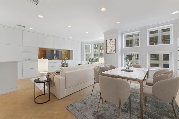 Dining room, Interior, Kitchen, Living room, Recessed Lighting, Wood Texture Flooring