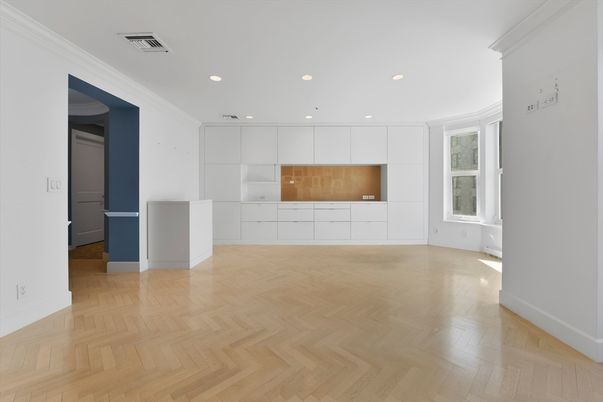 Empty room, Interior, Kitchen, Recessed Lighting, Wood Texture Flooring