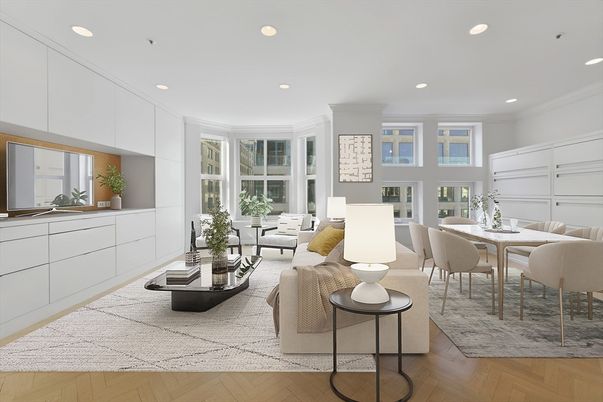 Dining room, Interior, Living room, Recessed Lighting, Wood Texture Flooring