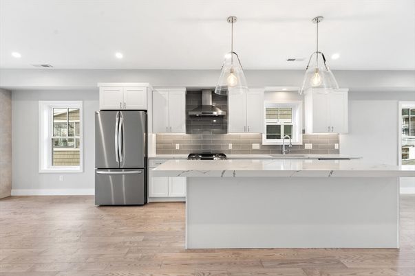 Interior, Kitchen, Pendant Lights, Recessed Lighting, Stainless Steel Appliances, Wood Texture Flooring