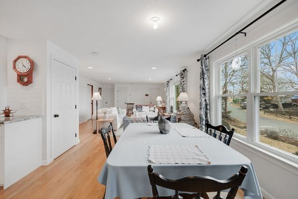 Dining room, Interior, Living room, Recessed Lighting, Wood Texture Flooring