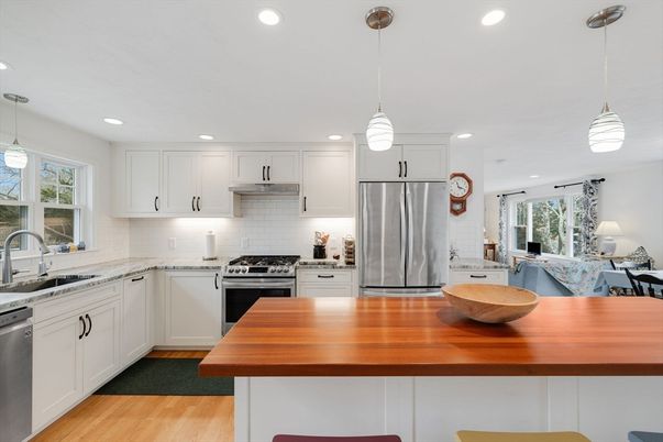 Interior, Kitchen, Pendant Lights, Recessed Lighting, Stainless Steel Appliances, Wood Texture Flooring