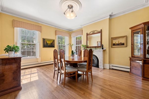Dining room, Fireplace, Interior, Wood Texture Flooring