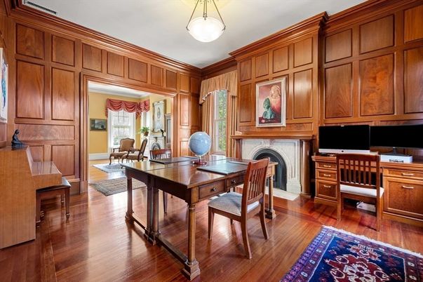 Fireplace, Home Office, Interior, Wood Texture Flooring, Wooden Walls