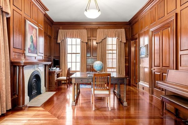 Fireplace, Home Office, Interior, Wood Texture Flooring, Wooden Walls