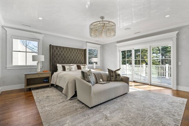 Bedroom, Chandelier, Fireplace, Interior, Recessed Lighting, Wood Texture Flooring