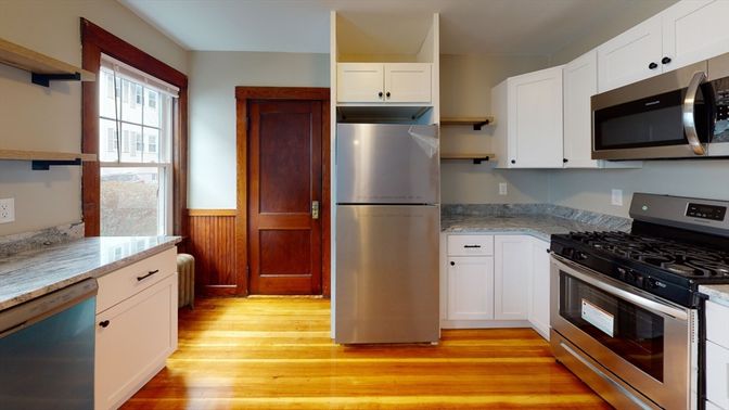 Interior, Kitchen, Stainless Steel Appliances, Wood Texture Flooring