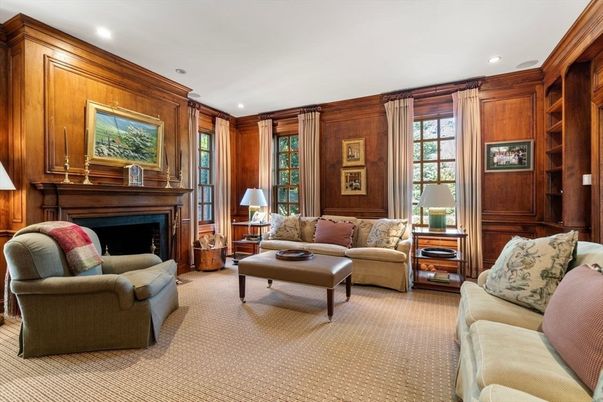 Fireplace, Interior, Living room, Recessed Lighting, Wooden Walls