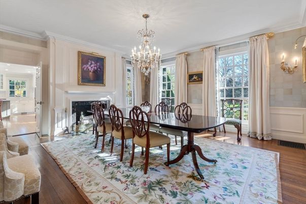 Chandelier, Dining room, Fireplace, Interior, Wood Texture Flooring