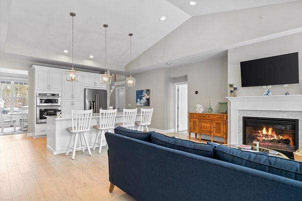 Fireplace, Interior, Kitchen, Living room, Pendant Lights, Recessed Lighting, Stainless Steel Appliances, Wood Texture Flooring