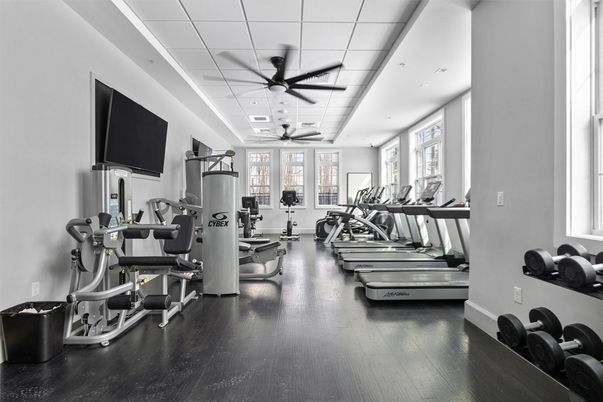 Fitness Equipment, Gym, Interior, Recessed Lighting, Wood Texture Flooring