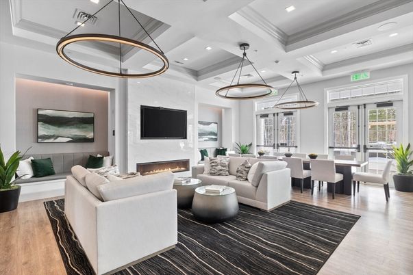 Dining room, Fireplace, Interior, Living room, Pendant Lights, Recessed Lighting, Wood Texture Flooring