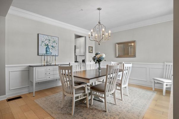 Chandelier, Dining room, Interior, Wood Texture Flooring