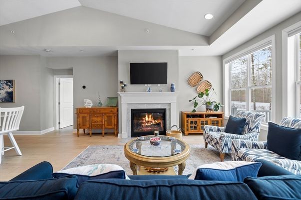 Fireplace, Interior, Living room, Recessed Lighting, Wood Texture Flooring