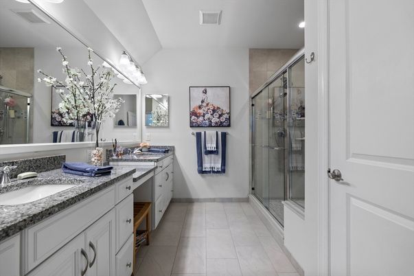 Bathroom, Dual Sink Vanities, Glass Shower, Interior, Recessed Lighting