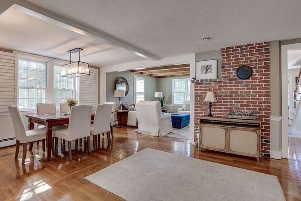 Dining room, Interior, Living room, Pendant Lights, Stone Walls, Wooden Beams, Wood Texture Flooring