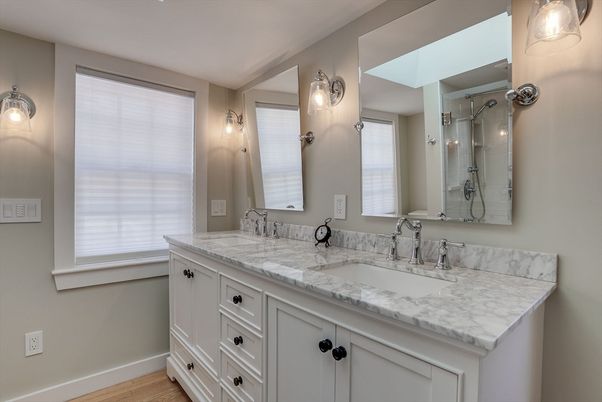 Bathroom, Dual Sink Vanities, Glass Shower, Interior, Wood Texture Flooring