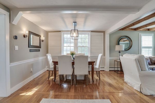 Dining room, Interior, Pendant Lights, Wood Texture Flooring