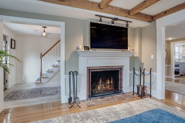 Fireplace, Interior, Pendant Lights, Wooden Beams, Wood Texture Flooring