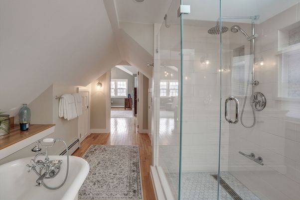 Bathroom, Glass Shower, Interior, Wood Texture Flooring