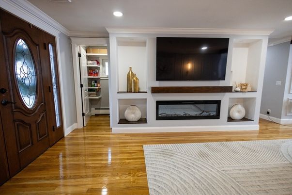 Fireplace, Interior, Recessed Lighting, Wood Texture Flooring