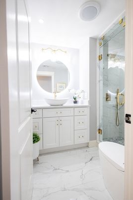 Bathroom, Glass Shower, Interior, Marble, Marble Walls, Recessed Lighting